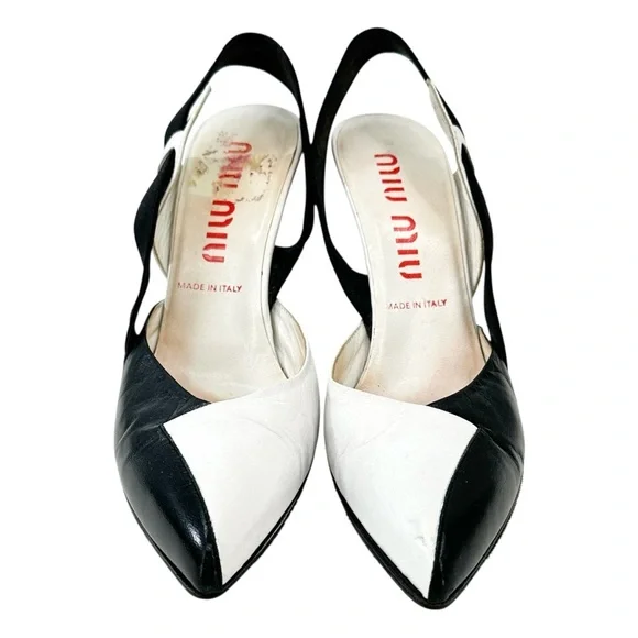 Vintage Miu Miu Black & White Leather 3.25" Slingback Pumps sz 37.5 - Picture 3 of 11